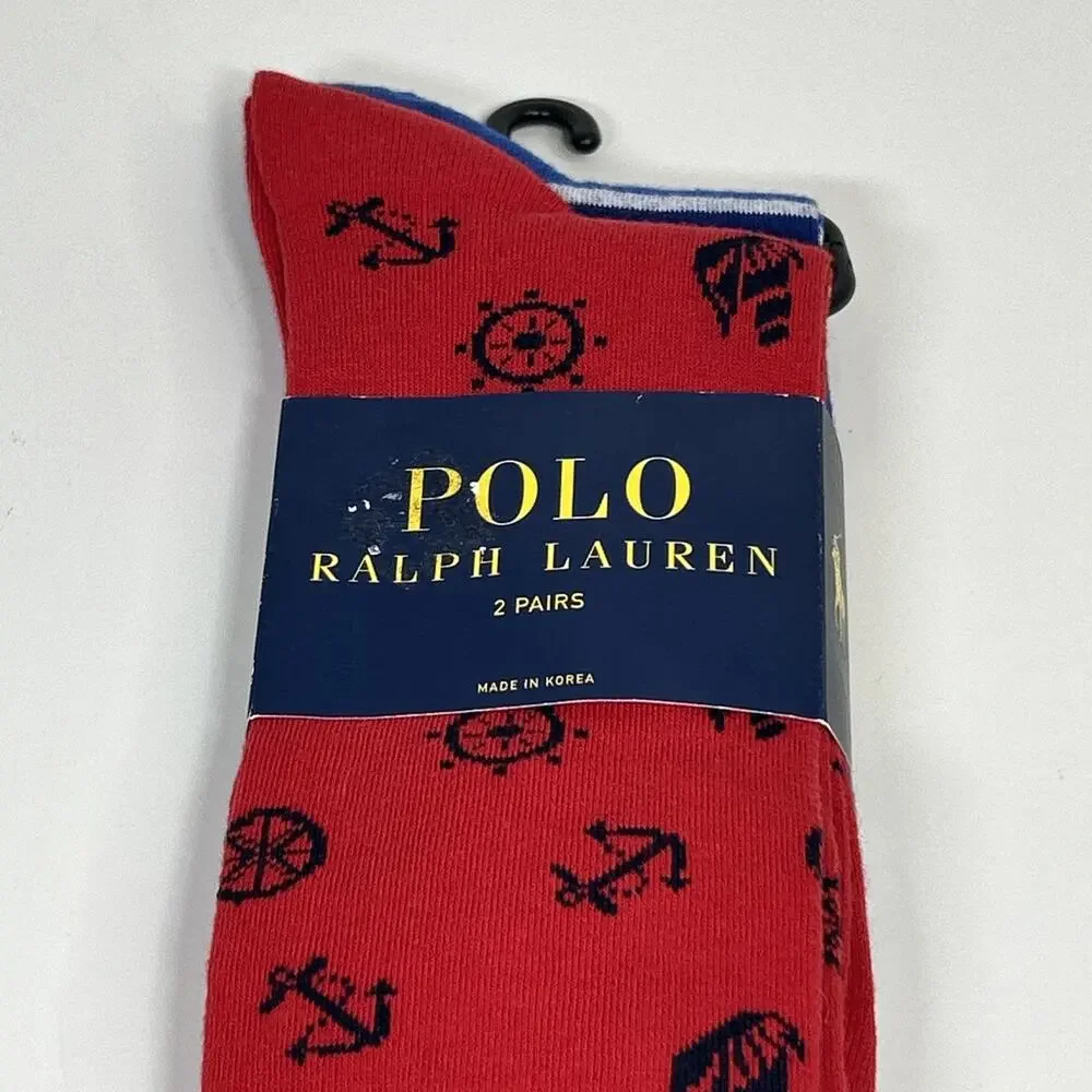 Polo Ralph Lauren Men's 2 Pack Socks 10-13 Nautical Sailboat Anchor Red Blue New
